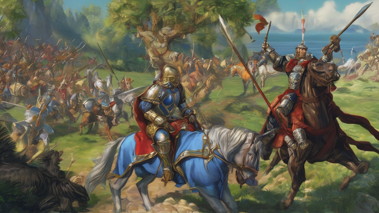Epicka bitwa jednostek z gry Heroes of Might and Magic na tle magicznego pola bitwy z zamkami w oddali