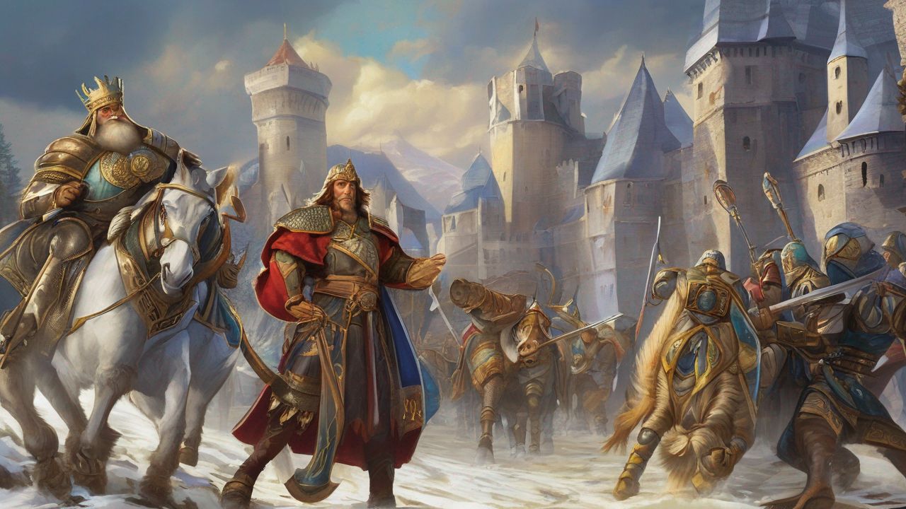 Epicka scena bitewna z bohaterami Heroes of Might and Magic na tle mistycznego krajobrazu z zamkami i stworzeniami fantastycznymi