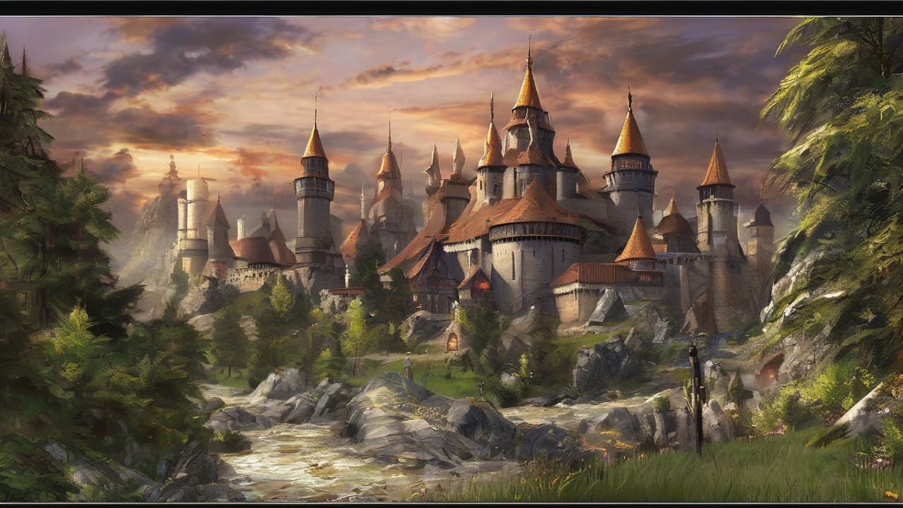 Epicka scena bitwy z gry Heroes of Might and Magic z magicznymi istotami i zamkami w tle