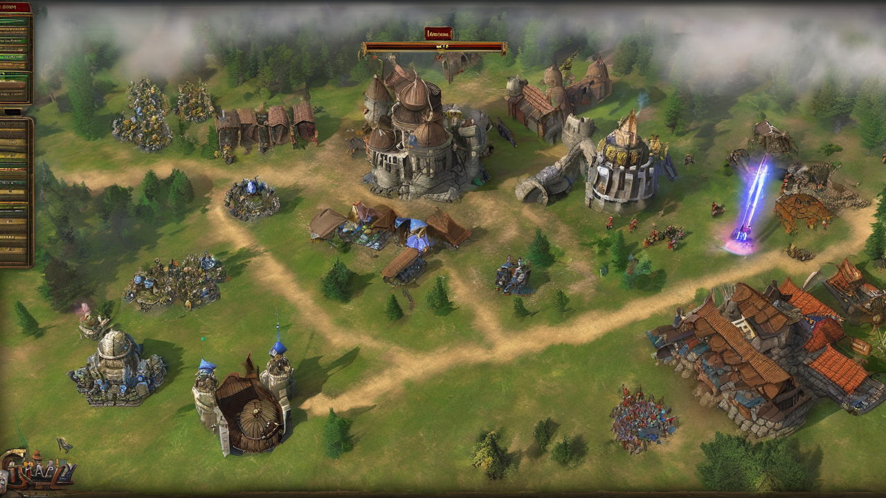 Grupa graczy Heroes of Might and Magic podczas turnieju strategicznego, skupiona nad planszami i komputerami