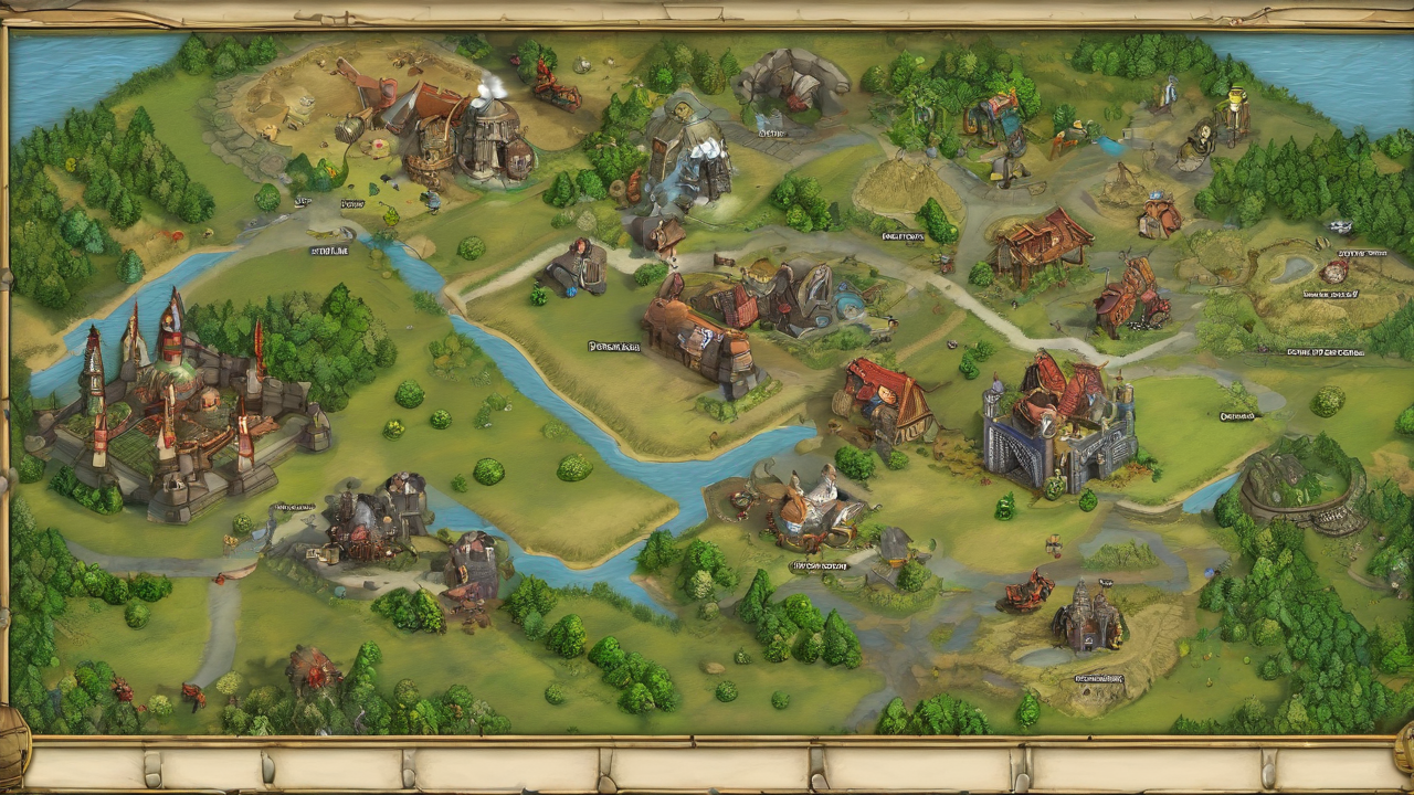 Mapa Arkadia z Heroes IV przedstawiająca rozległe tereny z różnorodnymi biomami i punktami strategicznymi