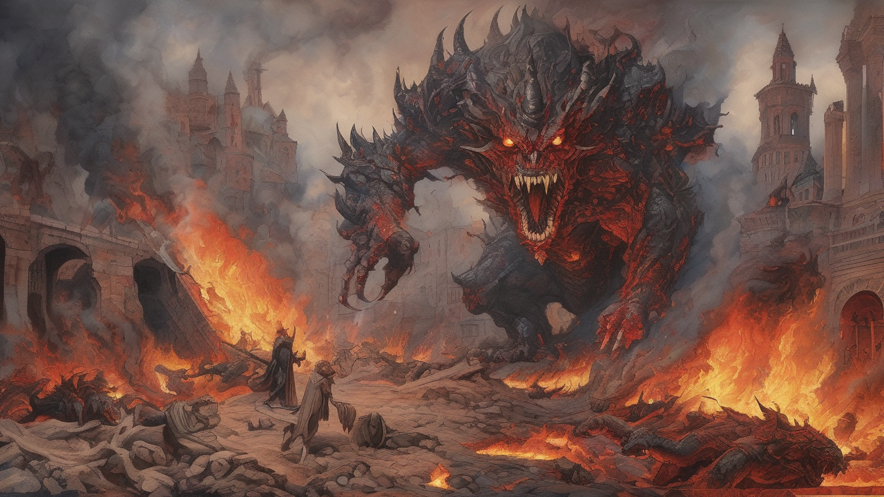 Ogniste krajobrazy Inferno z demonami, diabłami i piekielnymi ogarami otaczającymi wulkaniczny zamek