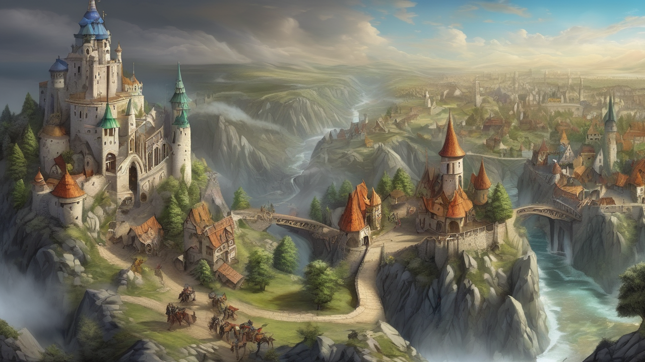 Panoramiczny widok fantastycznej krainy z zamkami, górami i magicznymi elementami z gry Heroes of Might and Magic