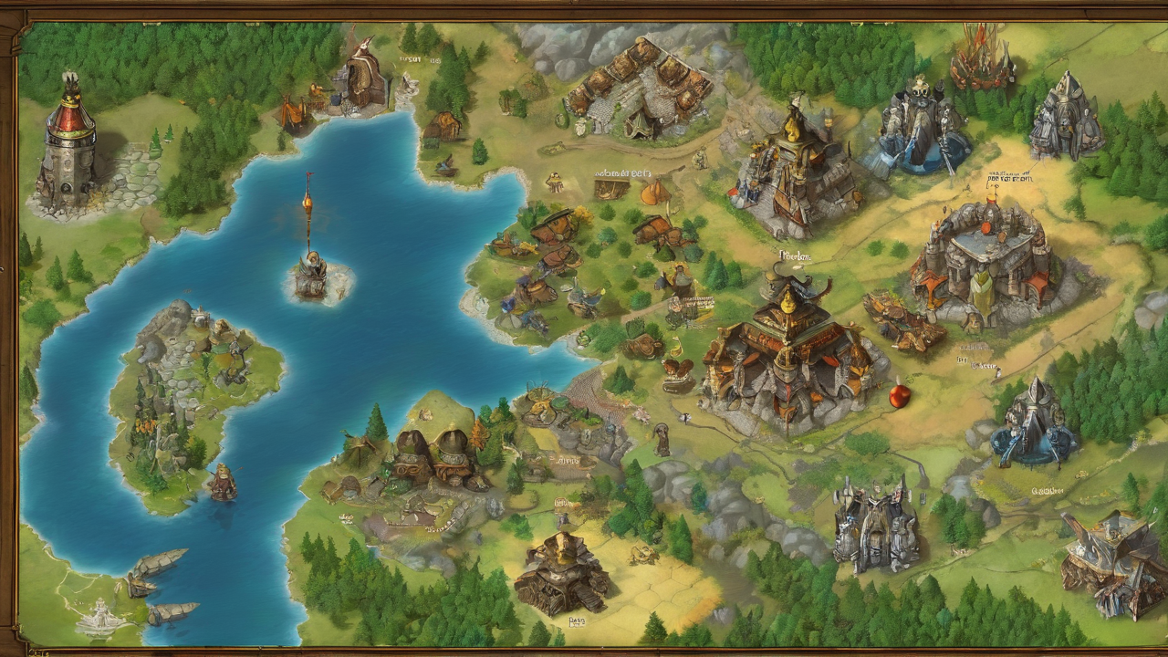 Strategiczna mapa świata z Heroes of Might and Magic z zamkami, kopalniami i innymi obiektami do eksploracji
