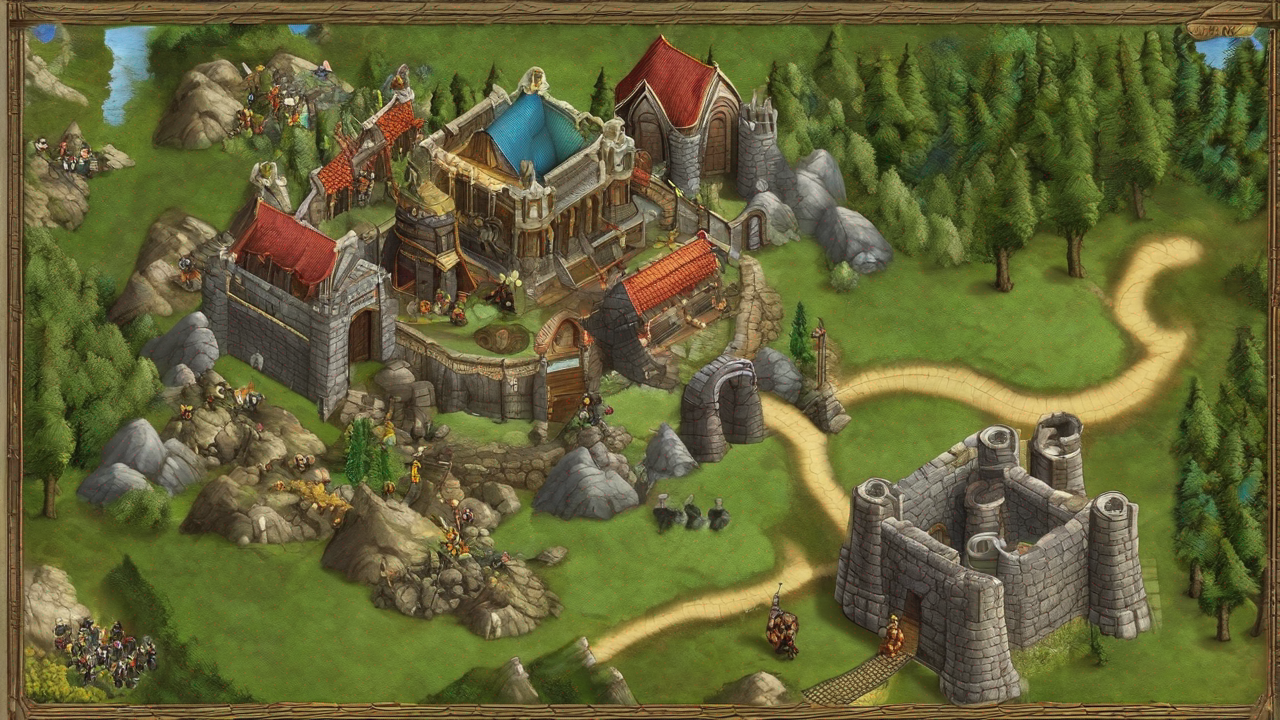 Tło przedstawiające abstrakcyjną mapę z elementami graficznymi edytora map z gry Heroes of Might and Magic